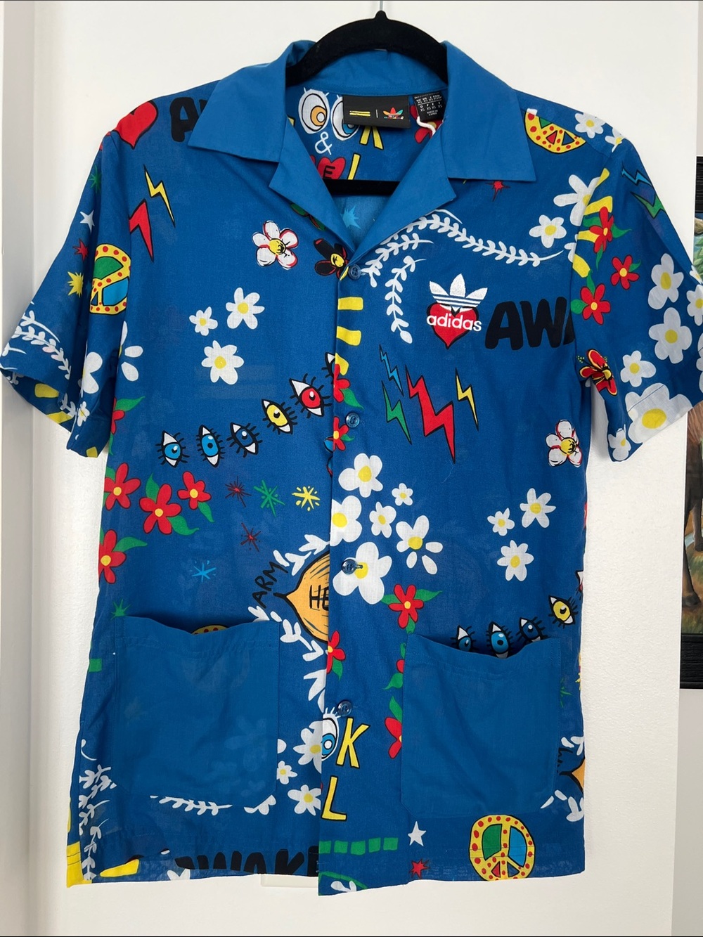 Pharrell Williams Adidas Blue Floral & Graphic Camp Shirt